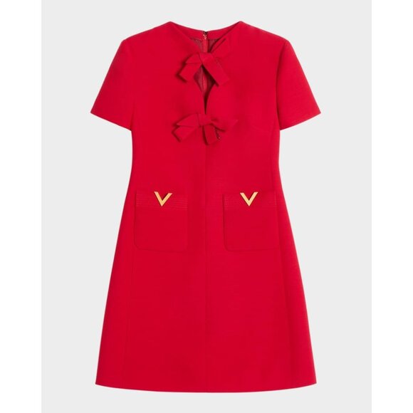 Valentino Garavani V-Logo Pockets Bow red Crepe Mini Dress size IT 36/ US 0 - Picture 2 of 14
